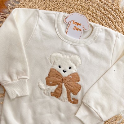  Conj. Casaco de Moletom Cachorrinho com Laço e Calça Legging - Off White